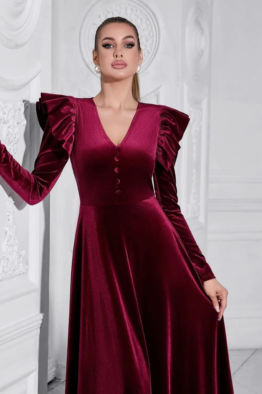 A Line V Neck Burgundy Ruffled Long Velvet Dress