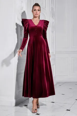 A Line V Neck Burgundy Ruffled Long Velvet Dress