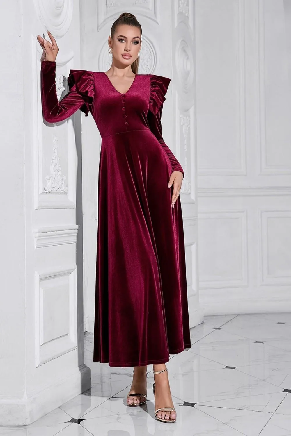 A Line V Neck Burgundy Ruffled Long Velvet Dress