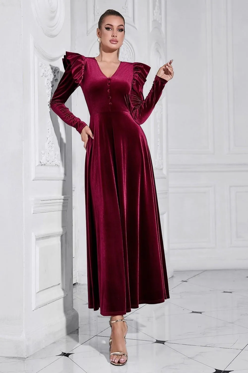 A Line V Neck Burgundy Ruffled Long Velvet Dress