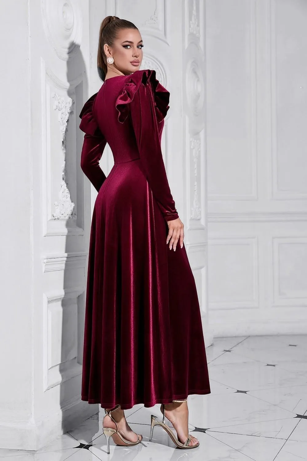 A Line V Neck Burgundy Ruffled Long Velvet Dress