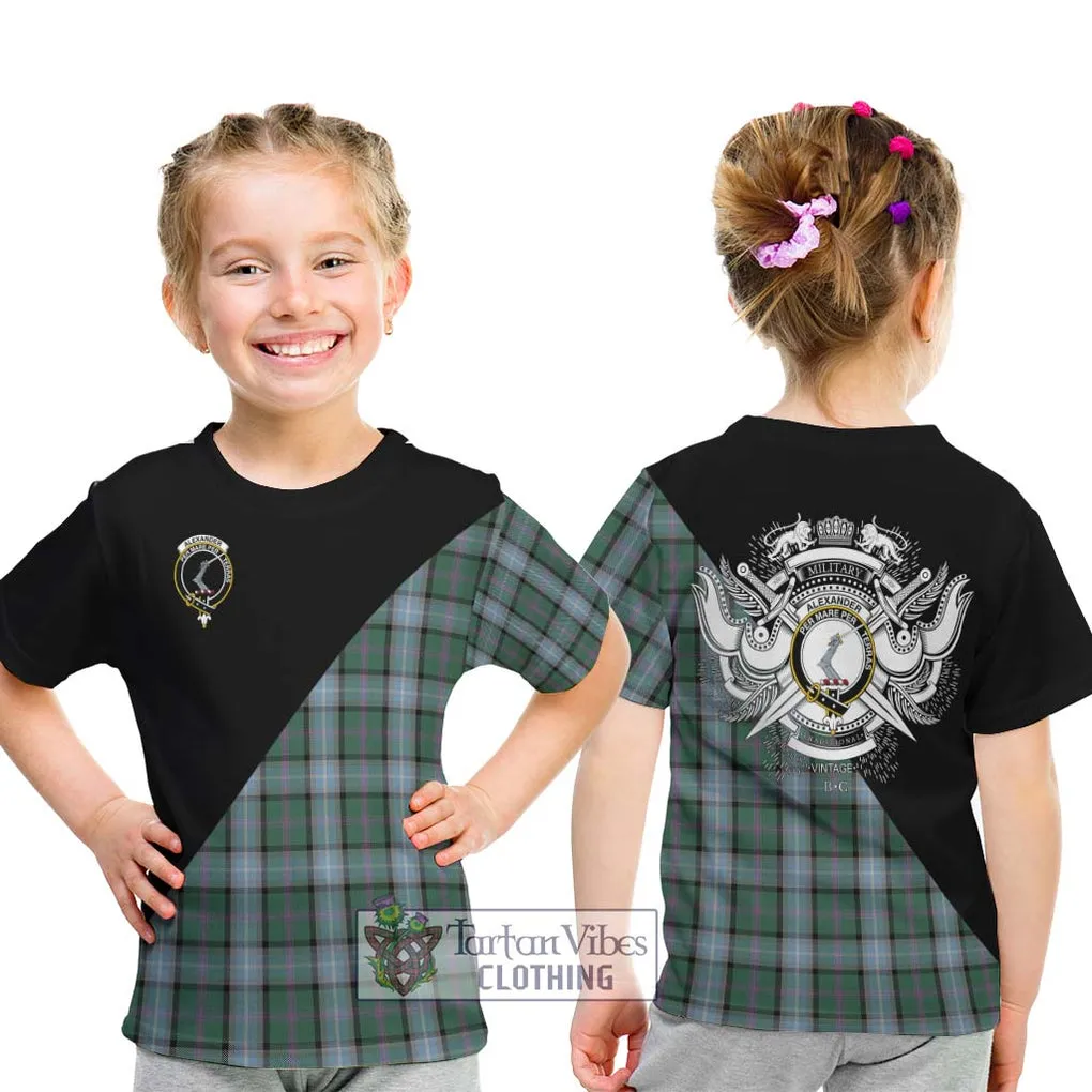 Alexander of Menstry Hunting Tartan Kid T-Shirt with Family Crest and Military Logo Style