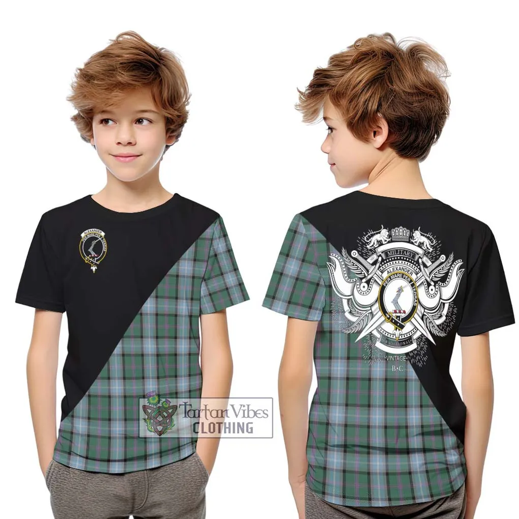 Alexander of Menstry Hunting Tartan Kid T-Shirt with Family Crest and Military Logo Style