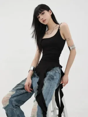 Asymmetrical Black Ruffle Tank Tops Women Y2k Grunge Hotsweet Sexy Elegant Backless Camisoles Korean Streetwear Punk