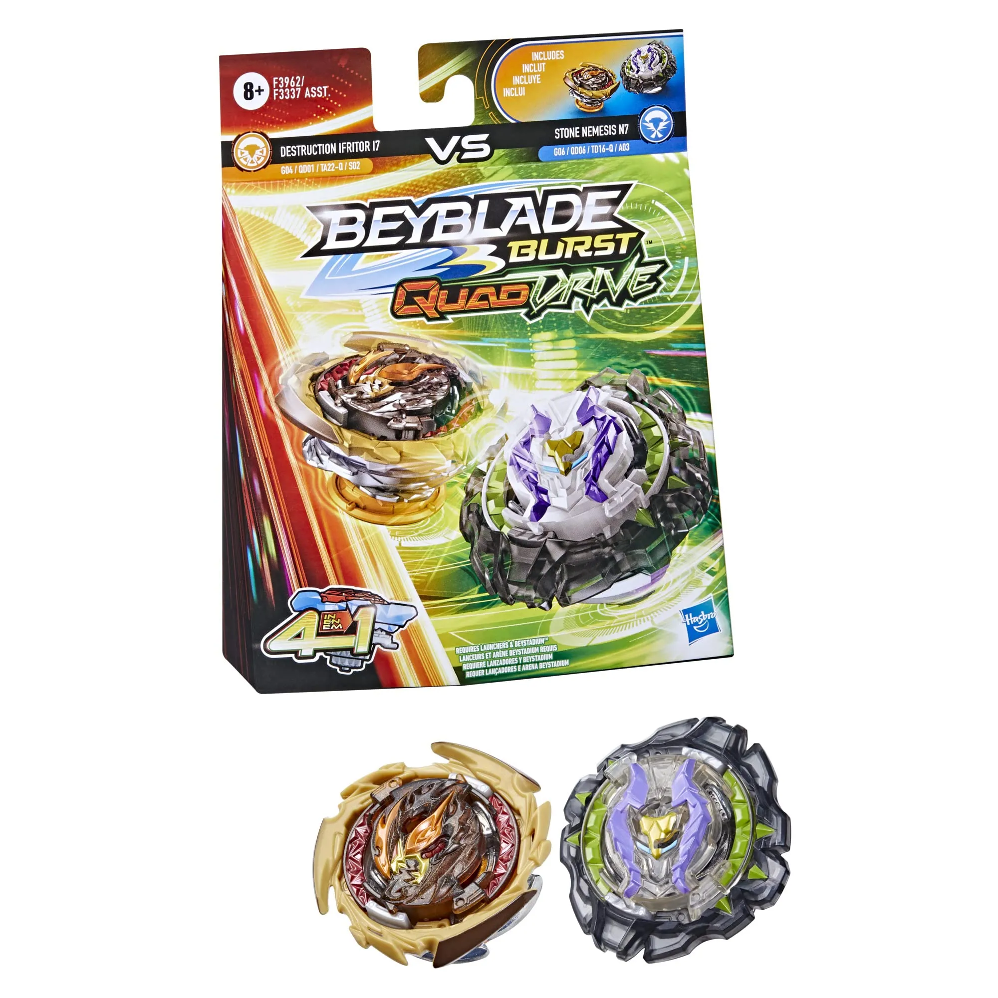 BEYBLADE Burst QuadDrive Destruction Ifritor I7 and Stone Nemesis N7 - Bey Blade Spinning Top Dual Pack, Beyblade Battling Game Top Toy with Launcher for Kids Ages 8 , Original Beyblade by Hasbro