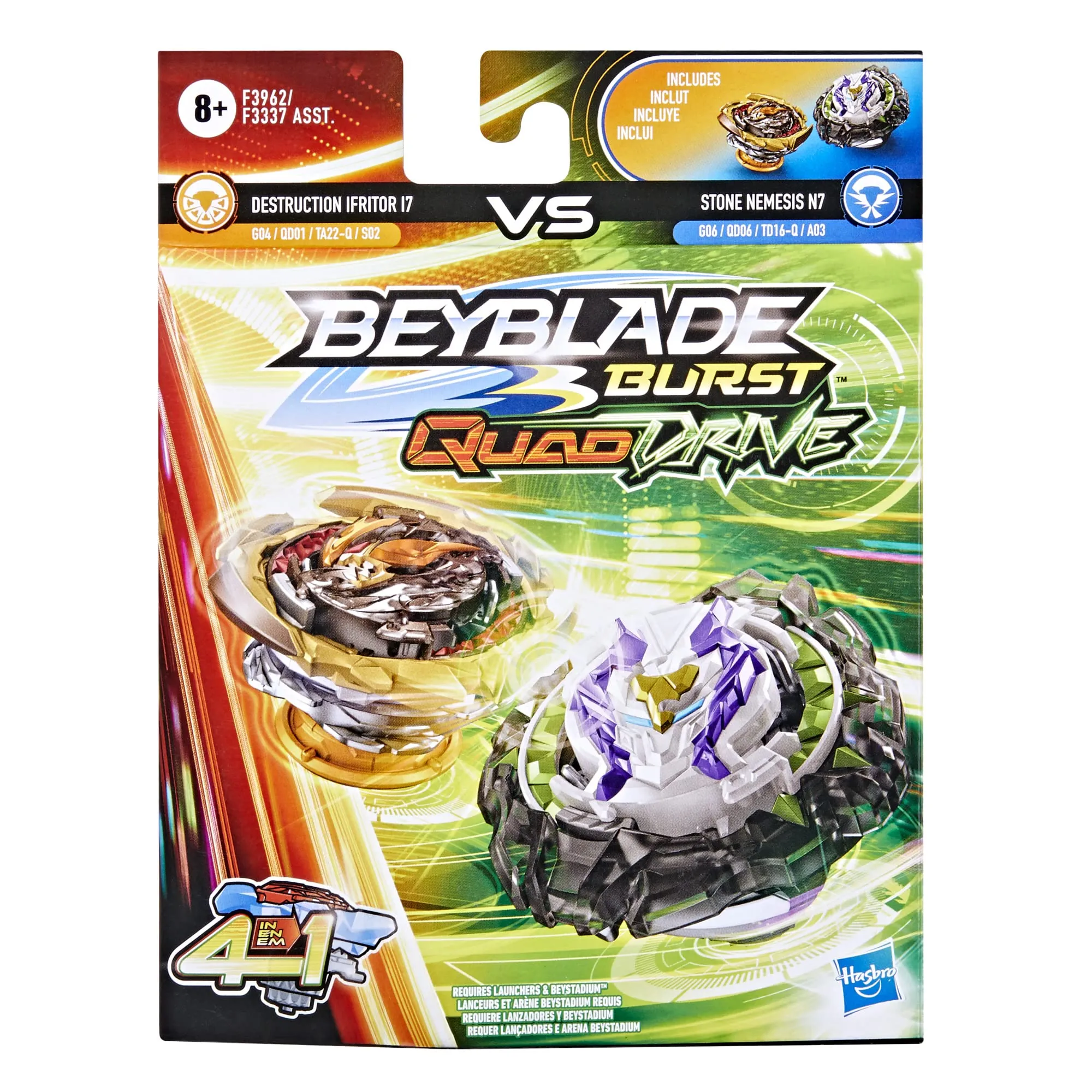 BEYBLADE Burst QuadDrive Destruction Ifritor I7 and Stone Nemesis N7 - Bey Blade Spinning Top Dual Pack, Beyblade Battling Game Top Toy with Launcher for Kids Ages 8 , Original Beyblade by Hasbro