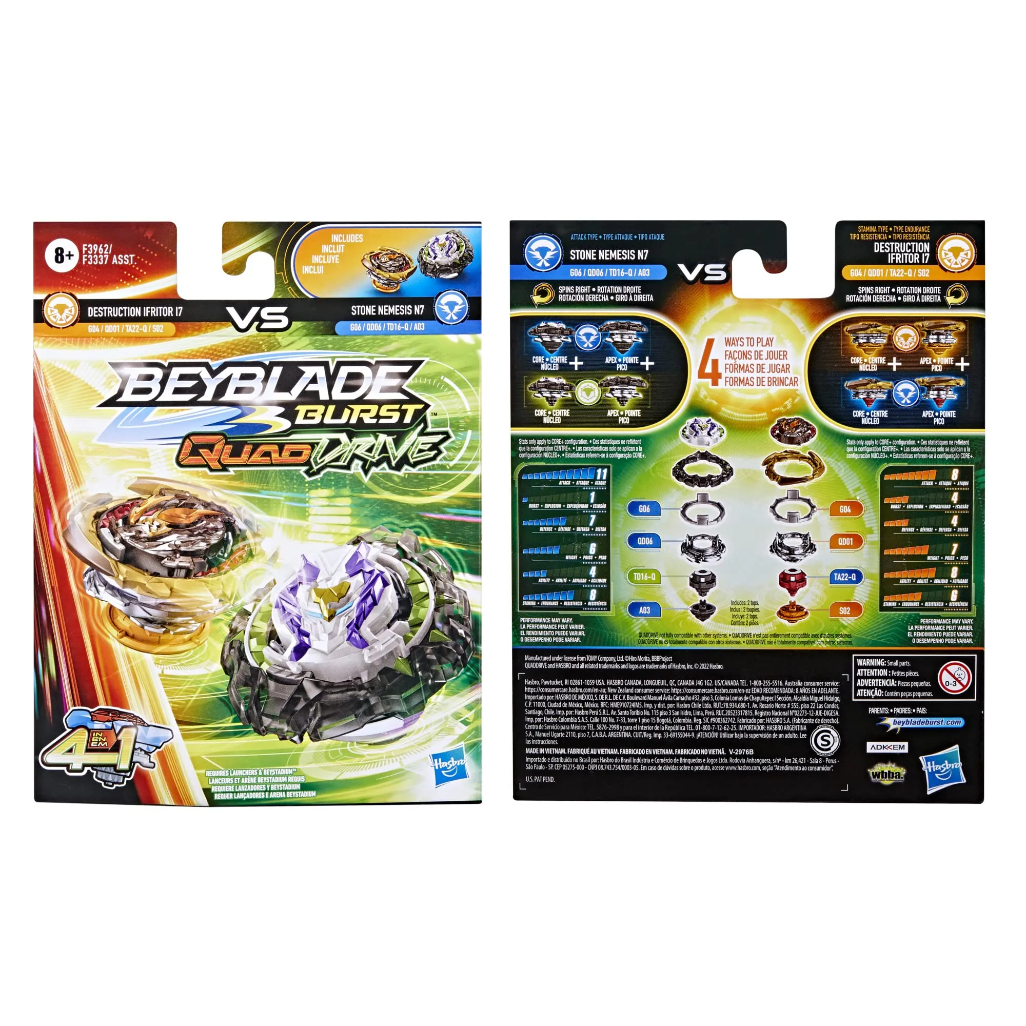 BEYBLADE Burst QuadDrive Destruction Ifritor I7 and Stone Nemesis N7 - Bey Blade Spinning Top Dual Pack, Beyblade Battling Game Top Toy with Launcher for Kids Ages 8 , Original Beyblade by Hasbro