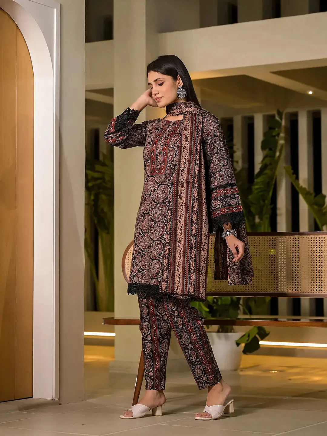 Black Pure Cotton Paisley Print Pakistani Style Kurta And Trousers With Dupatta Set