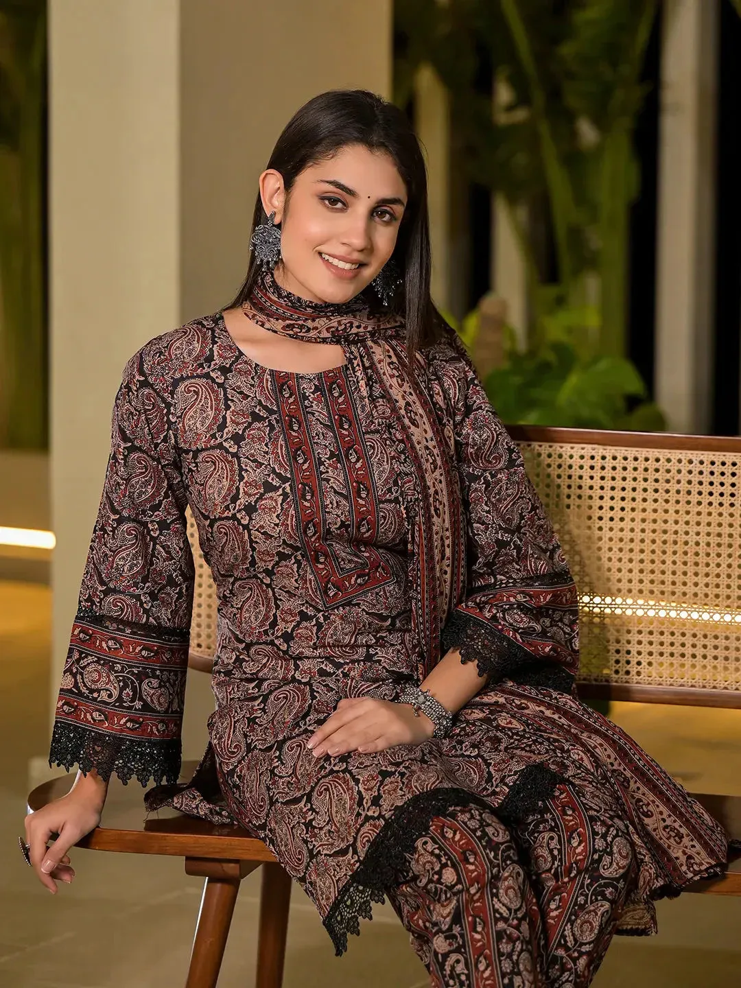 Black Pure Cotton Paisley Print Pakistani Style Kurta And Trousers With Dupatta Set