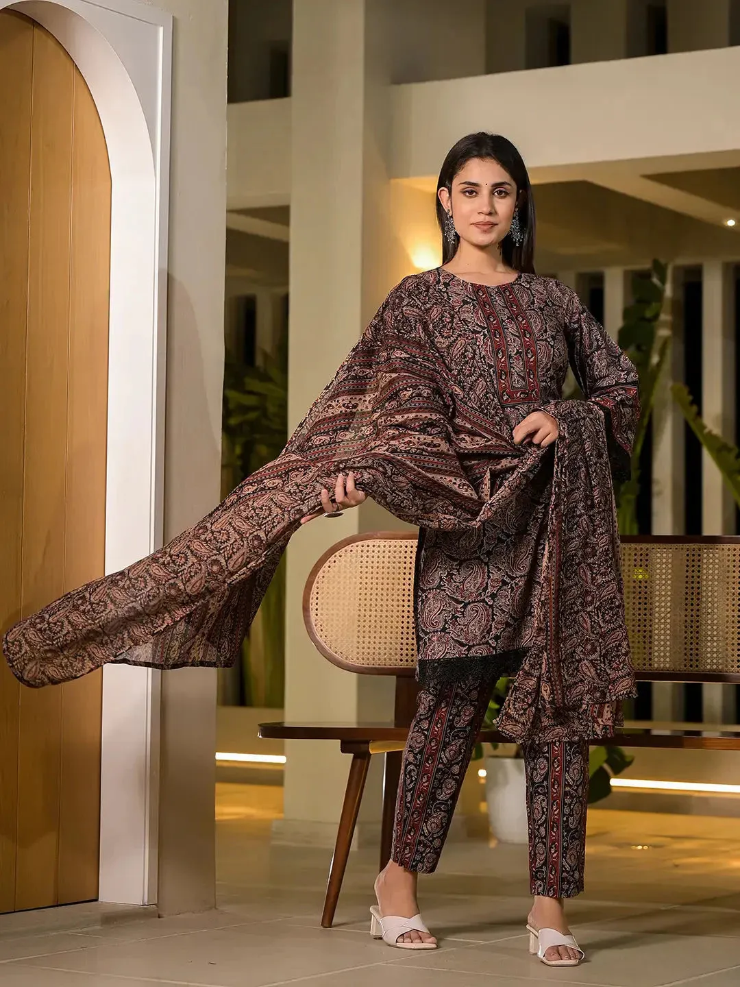 Black Pure Cotton Paisley Print Pakistani Style Kurta And Trousers With Dupatta Set