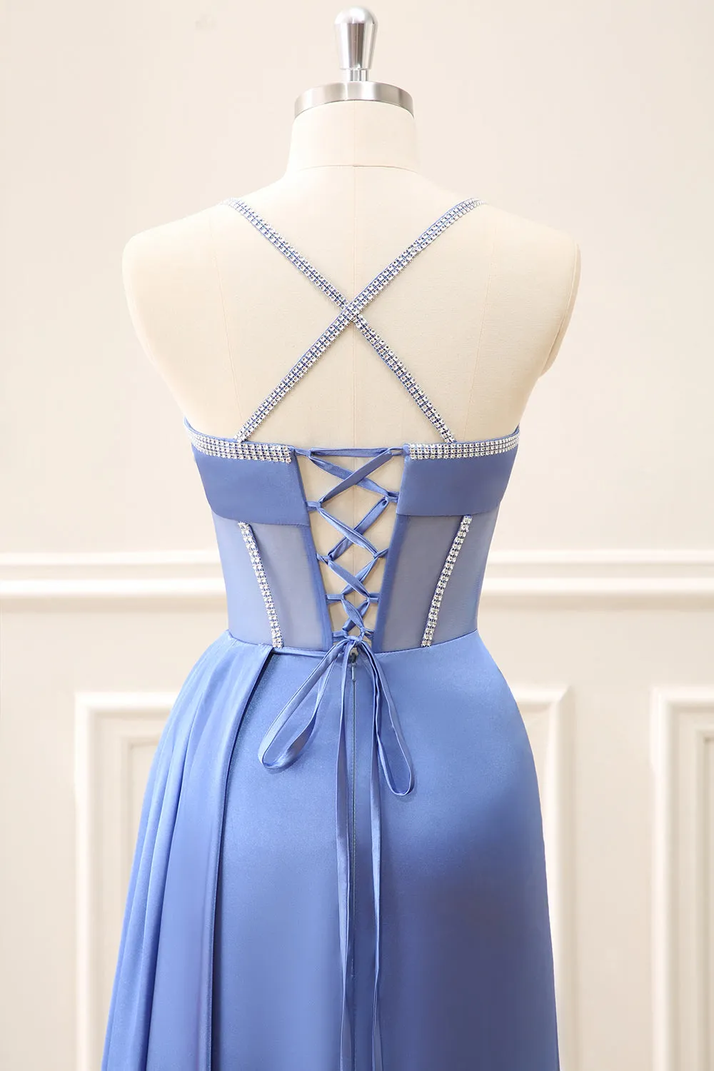 Blue Corset Ruched A Line Maxi Dress with Slit