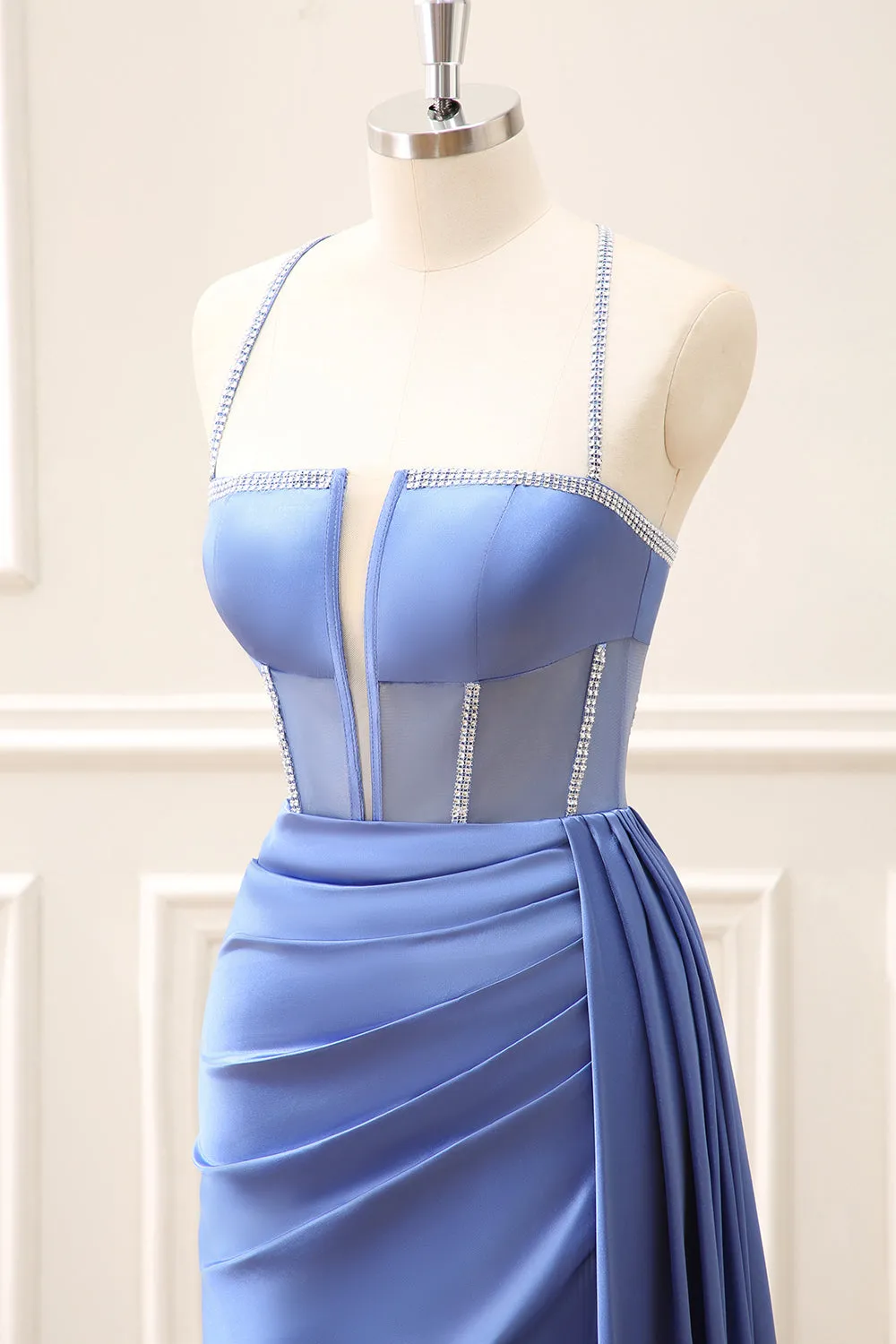 Blue Corset Ruched A Line Maxi Dress with Slit