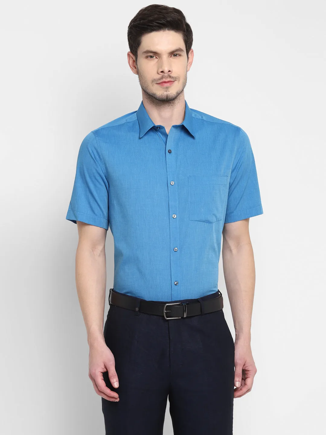 Blue Cotton Solid Slim Fit Plain Shirt