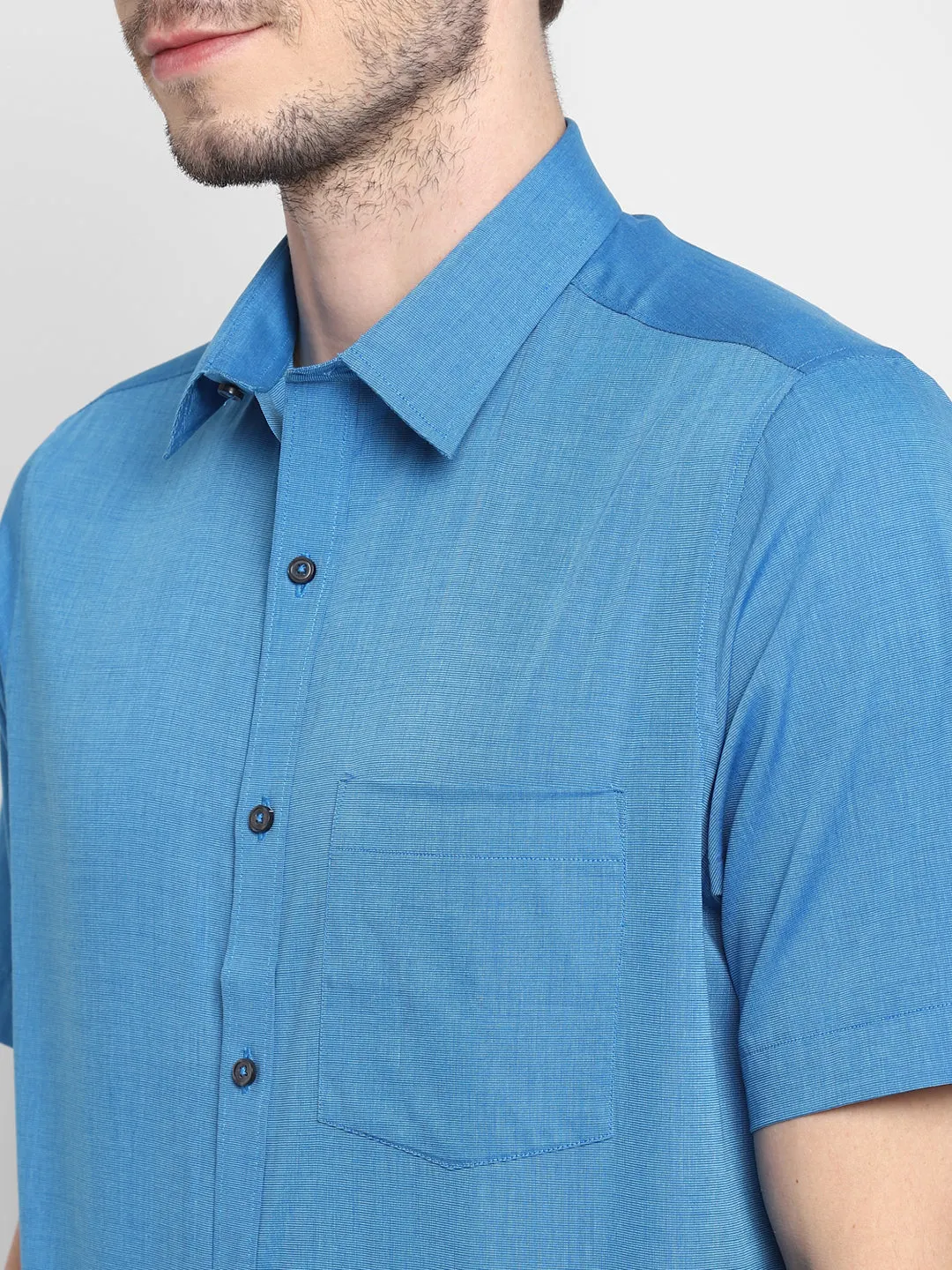 Blue Cotton Solid Slim Fit Plain Shirt