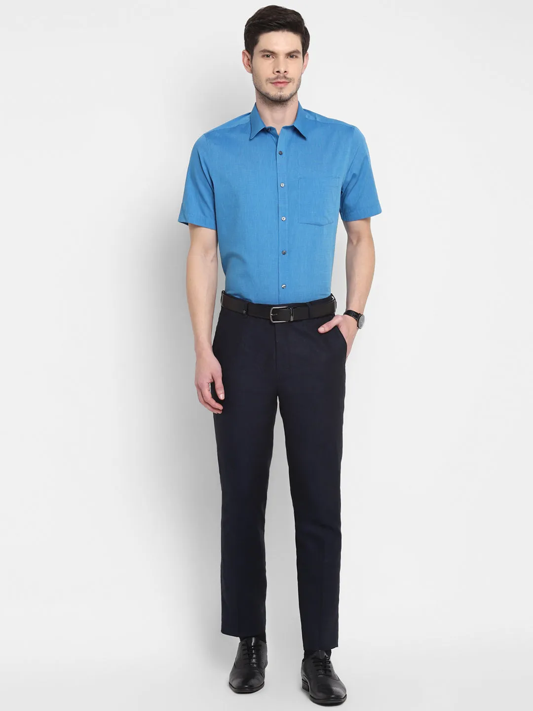 Blue Cotton Solid Slim Fit Plain Shirt