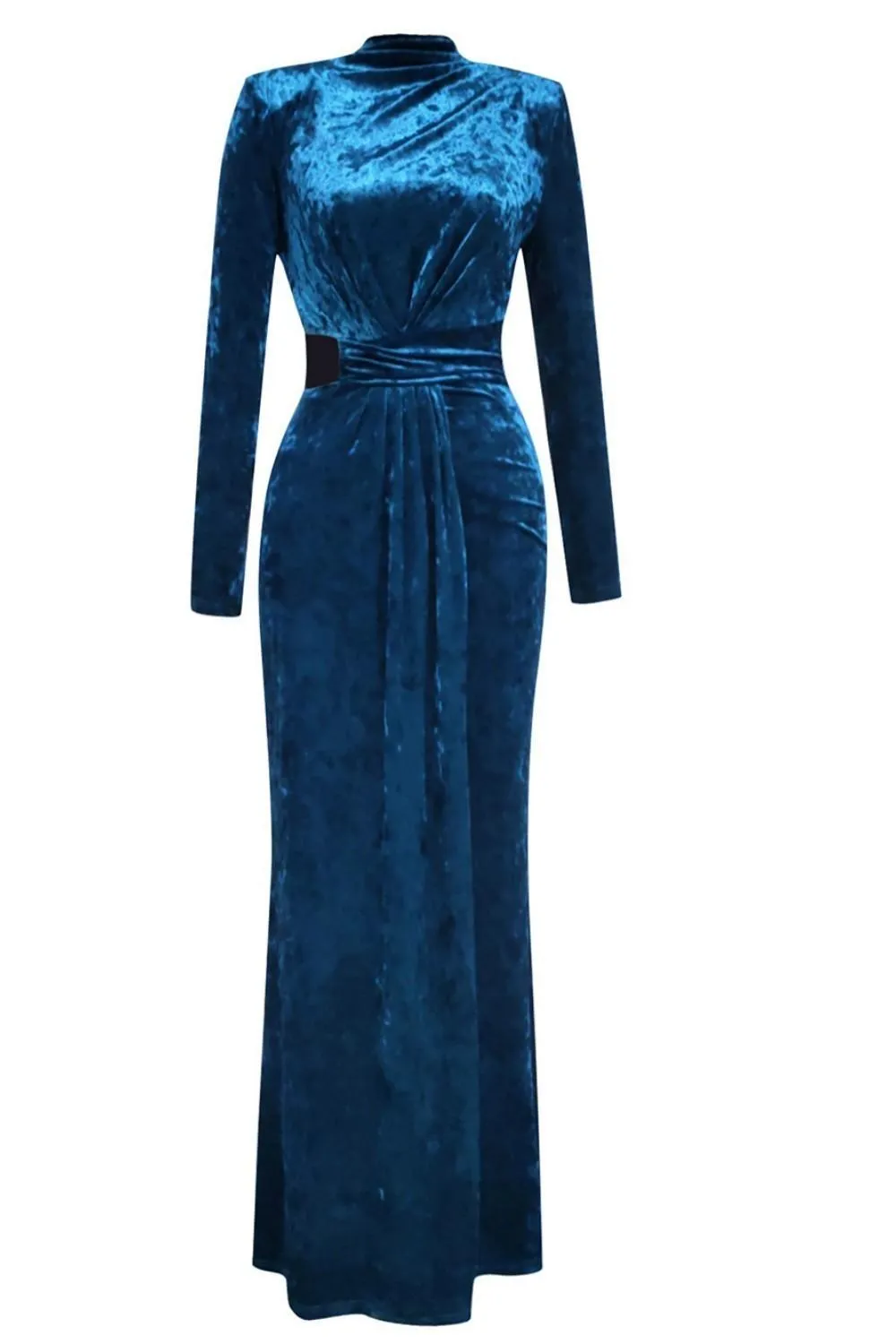 Blue High Neck Long Sleeves Velvet Dress