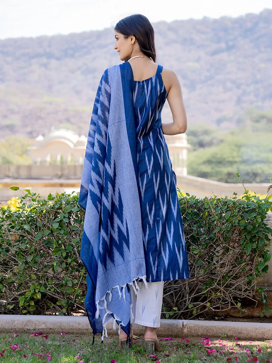 Blue Ikat Print Kurta Dupatta Set