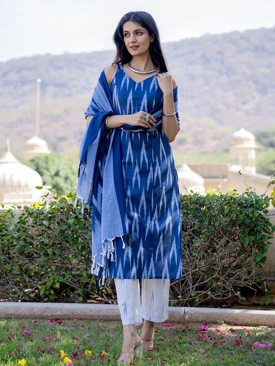 Blue Ikat Print Kurta Dupatta Set