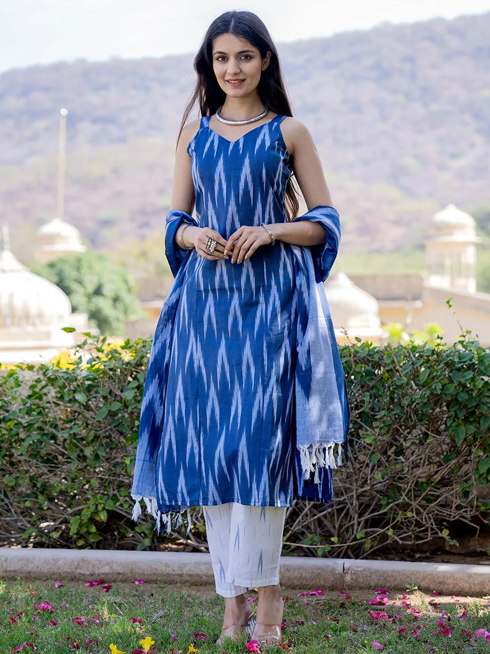 Blue Ikat Print Kurta Dupatta Set