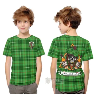 Boyle Tartan Kid T-Shirt with Family Crest and Bearded Skull Holding Bottles of Whiskey