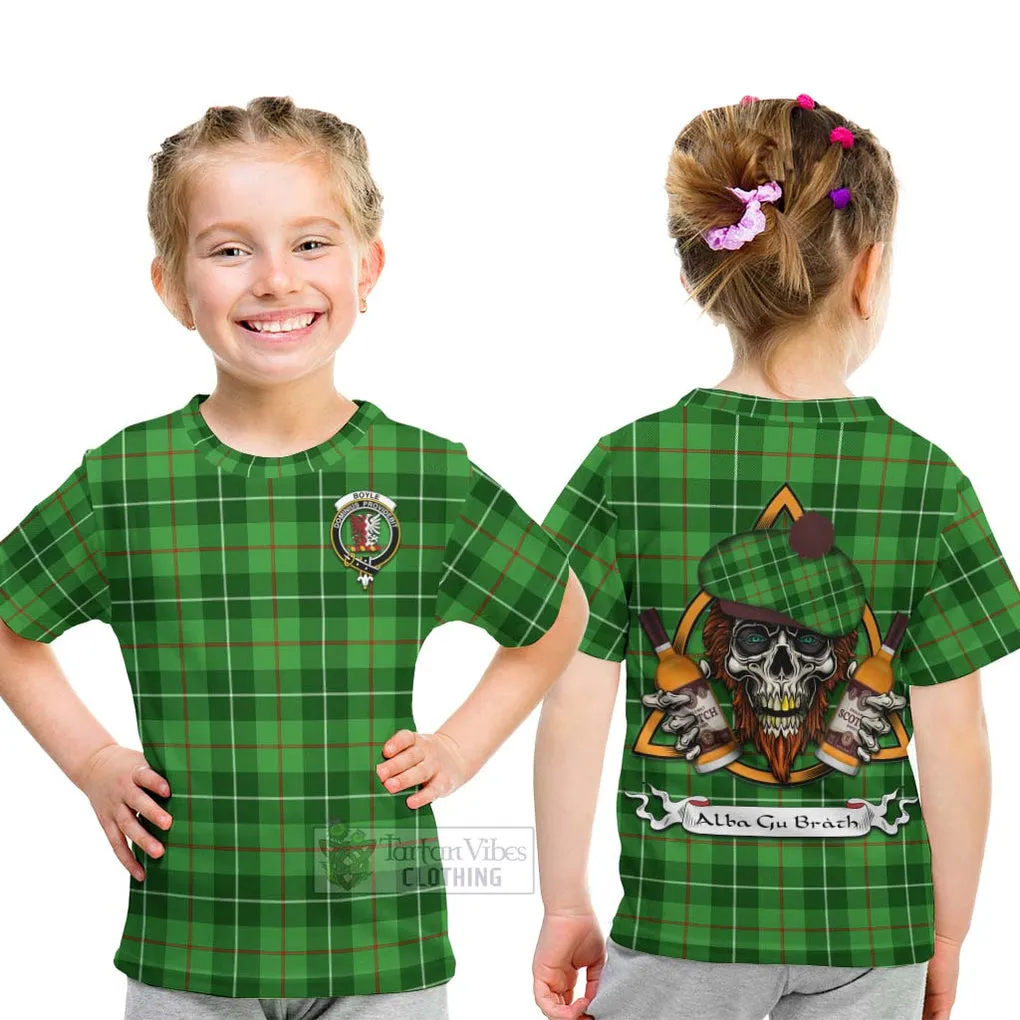 Boyle Tartan Kid T-Shirt with Family Crest and Bearded Skull Holding Bottles of Whiskey