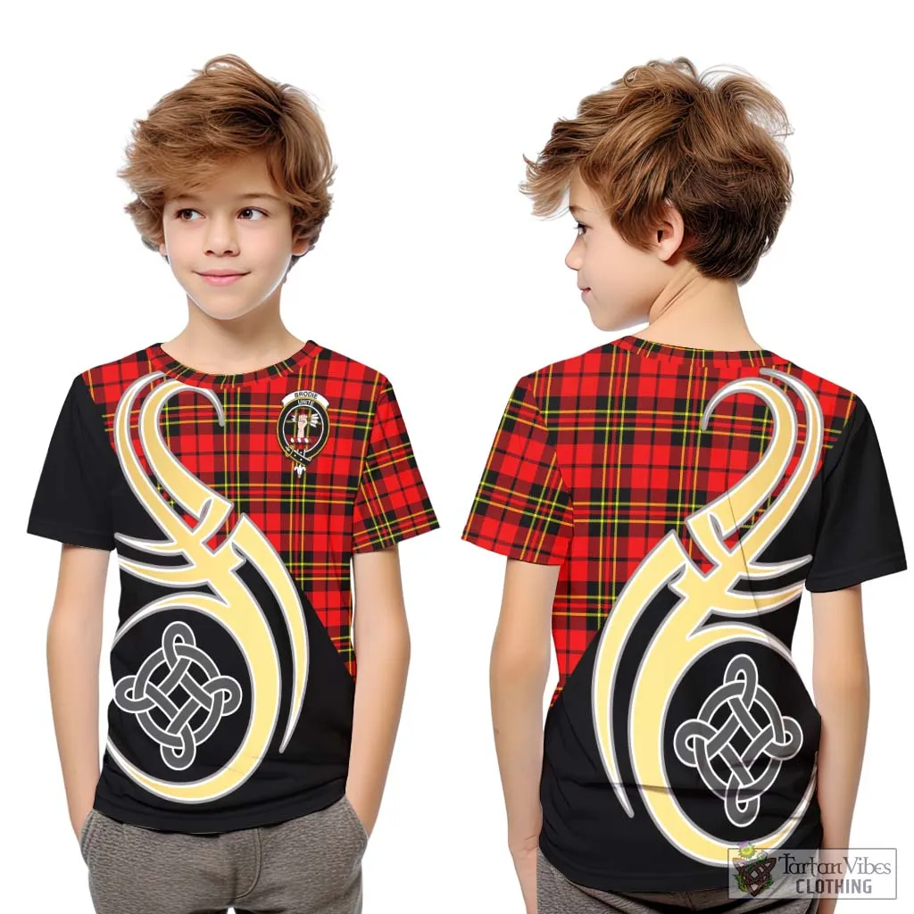 Brodie Modern Tartan Kid T-Shirt with Family Crest and Celtic Symbol Style