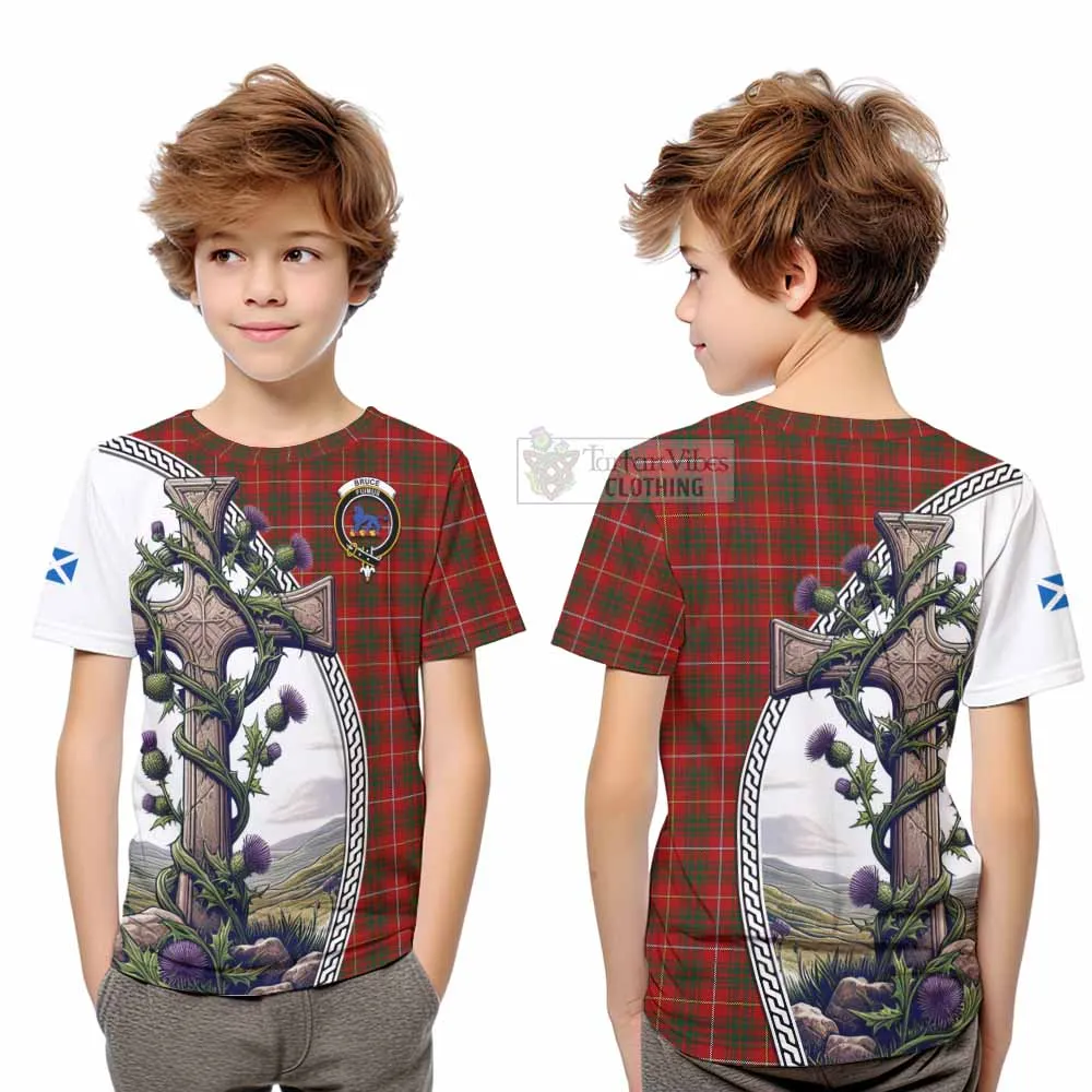 Bruce Tartan Kid T-Shirt with Family Crest and St. Andrew's Cross Accented by Thistle Vines