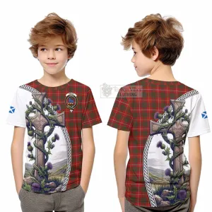 Bruce Tartan Kid T-Shirt with Family Crest and St. Andrew's Cross Accented by Thistle Vines