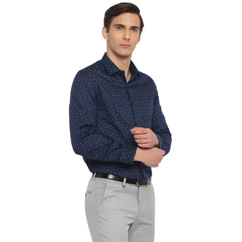 Cotton Navy Blue Slim Fit Printed Shirts