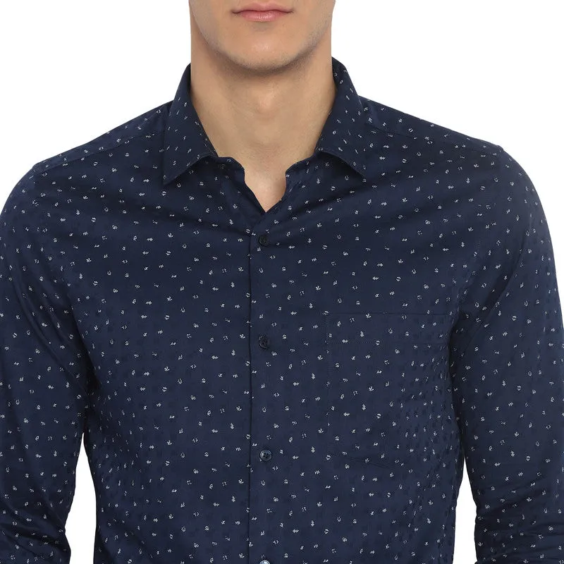 Cotton Navy Blue Slim Fit Printed Shirts