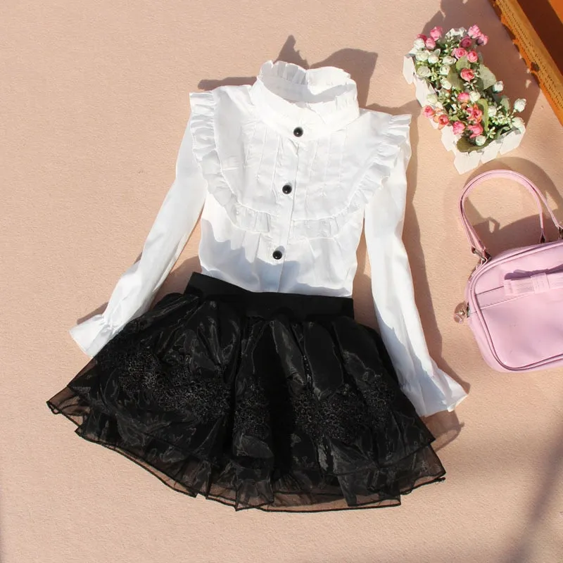 Cotton Ruffles Blouses for Children Teenage School Girls Pure White Shirts Toddler Long Sleeve Tops Baby Clothes