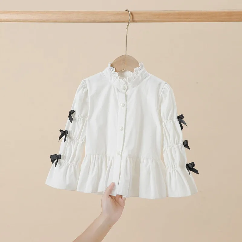 Cotton Ruffles Blouses for Children Teenage School Girls Pure White Shirts Toddler Long Sleeve Tops Baby Clothes