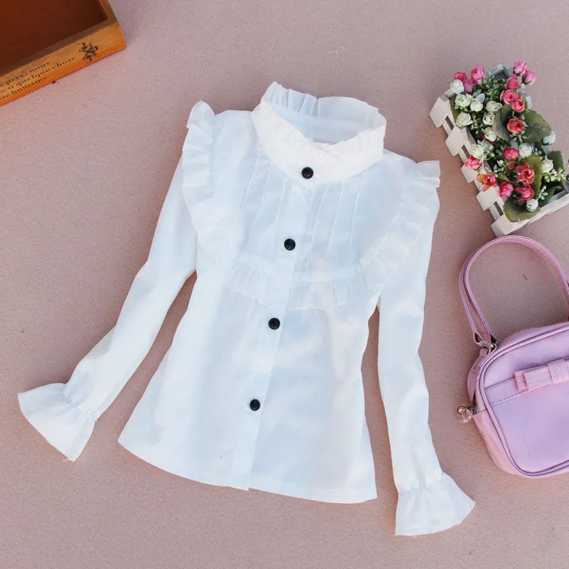 Cotton Ruffles Blouses for Children Teenage School Girls Pure White Shirts Toddler Long Sleeve Tops Baby Clothes