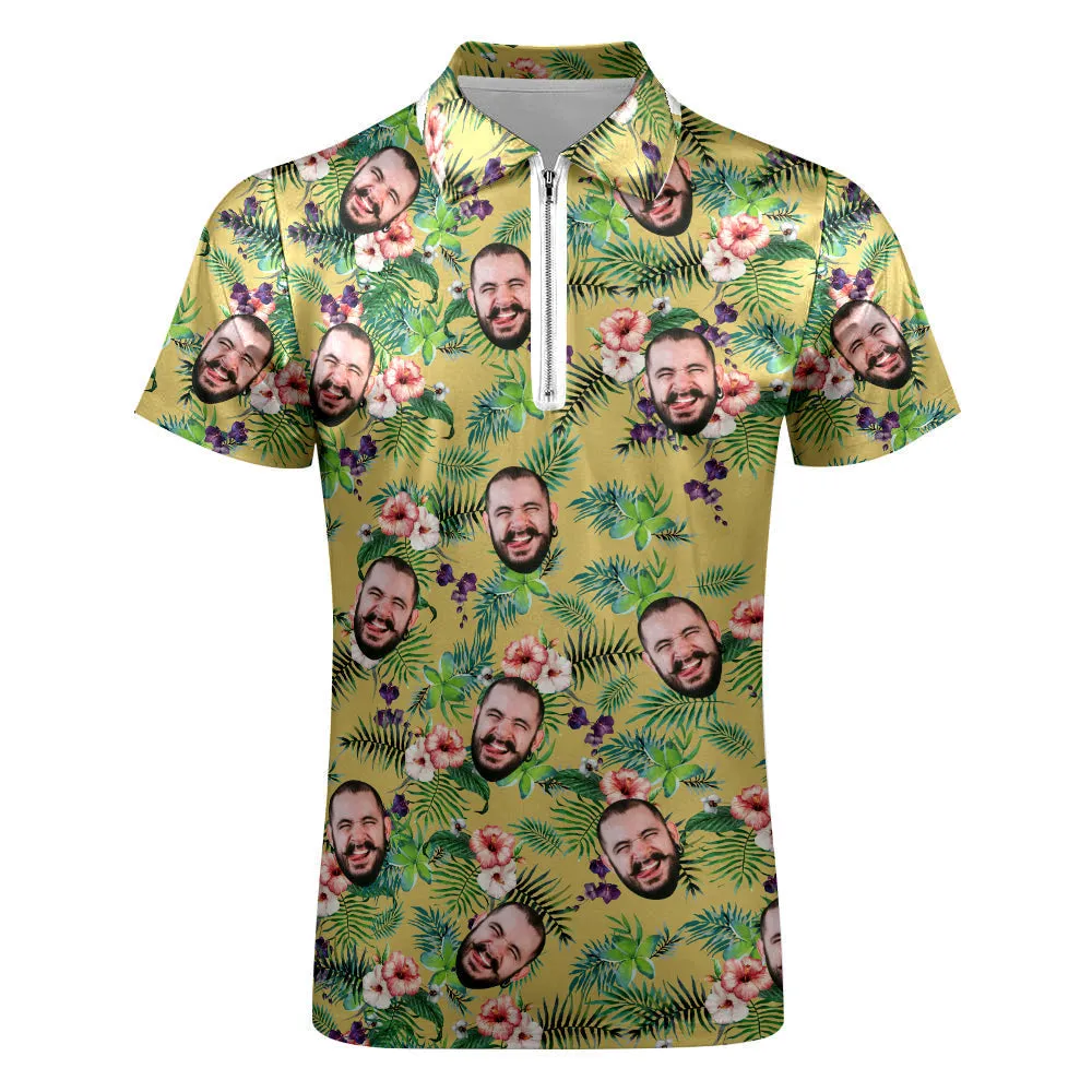 Custom Funny Polo Shirt with Zipper Personalised Face Hawaiian Style Polo Shirt for Men