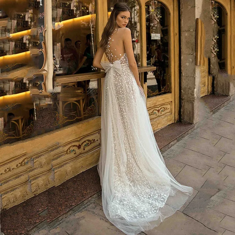 Delicate Mermaid Appliques Lace Party Bride Flower Robe Customised Gown Wedding Dresses