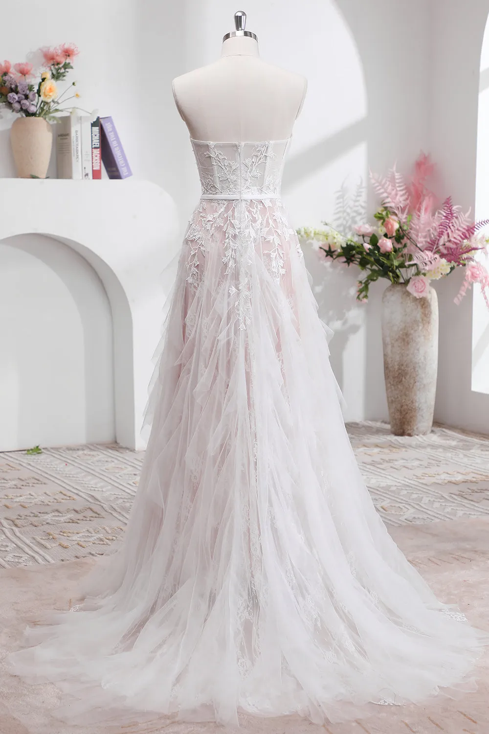 Elegant White A Line Corset Sweetheart Sweep Train Wedding Dress with Applique Lace