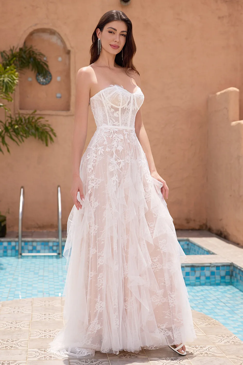 Elegant White A Line Corset Sweetheart Sweep Train Wedding Dress with Applique Lace