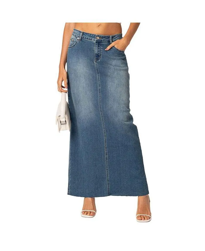 Elowyn Edikted Women's Split Denim Maxi Skirt, Blue