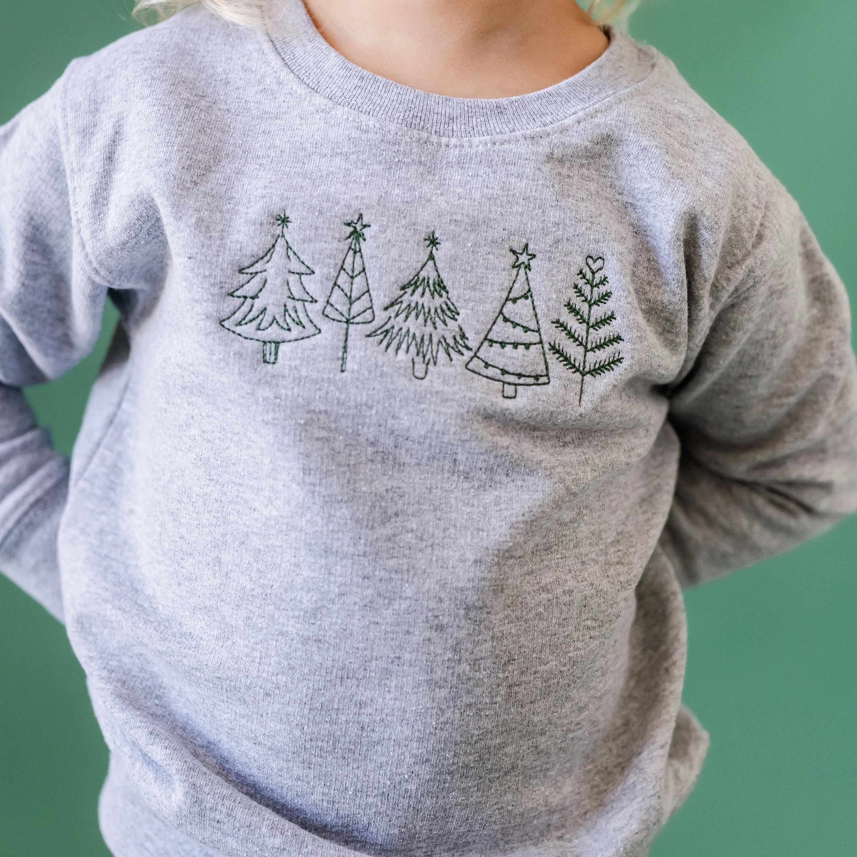 Embroidered Outline Christmas Trees - Child Sweater - Green Thread