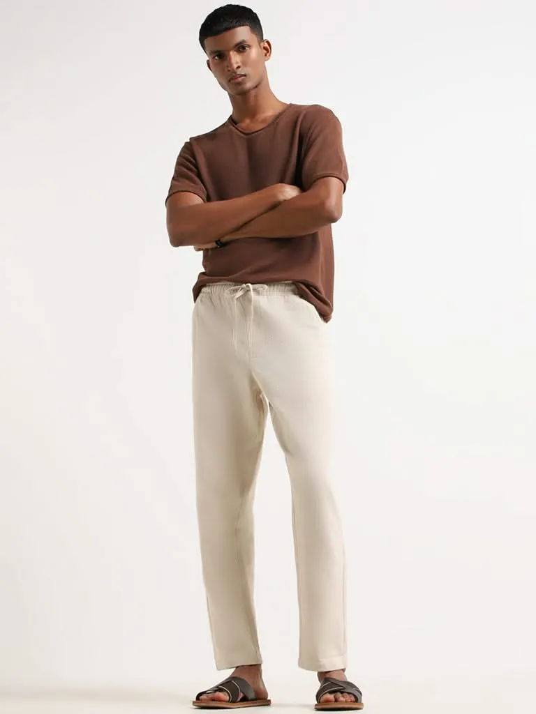 ETA Solid Beige Cotton Slim Fit Chinos