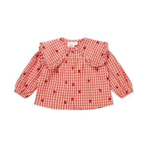 Floess Girls' Gingham Blouse with Strawberry Embroidery