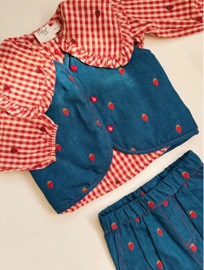 Floess Girls' Gingham Blouse with Strawberry Embroidery