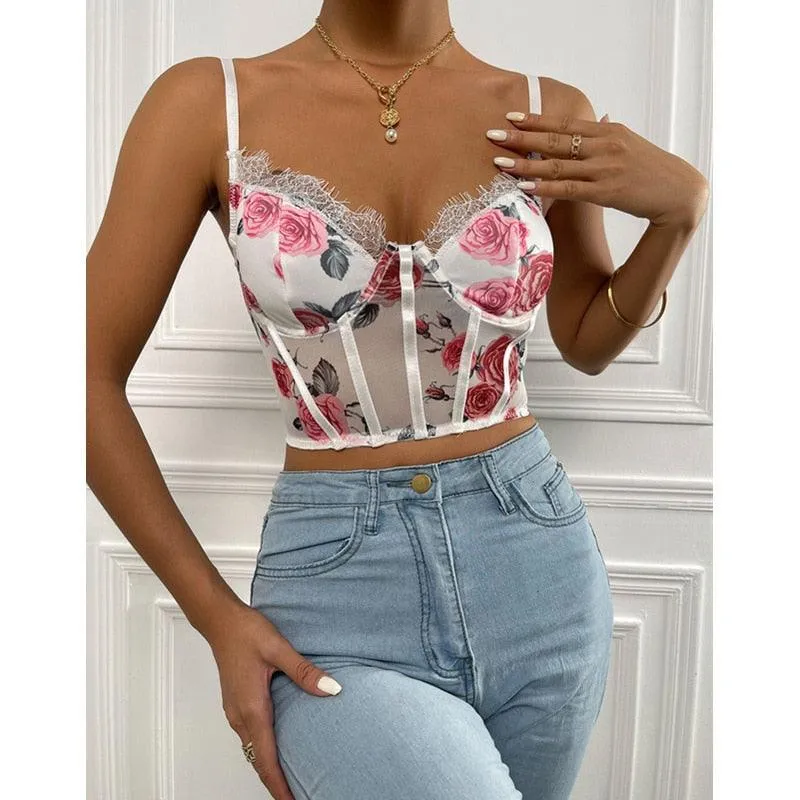 Floral Printed V-Neck Lace Corset