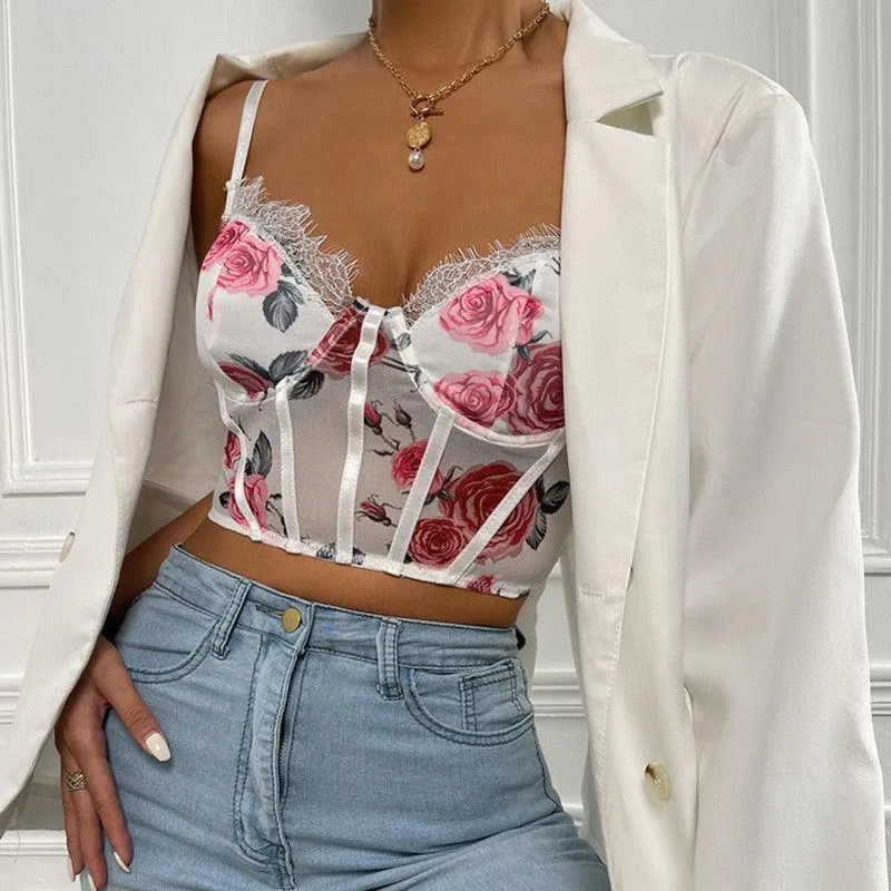 Floral Printed V-Neck Lace Corset