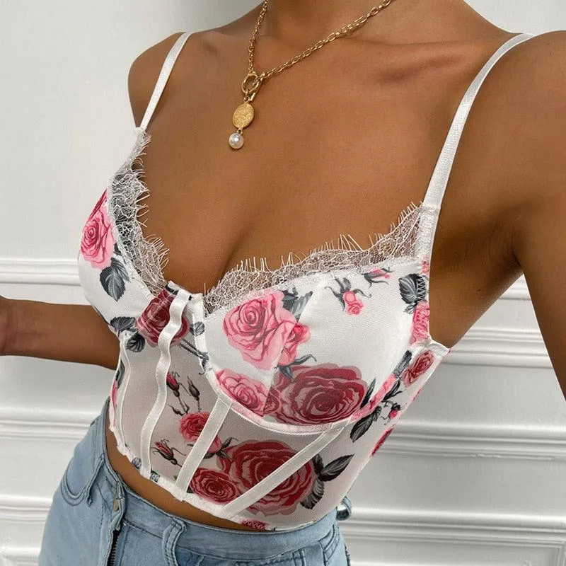 Floral Printed V-Neck Lace Corset