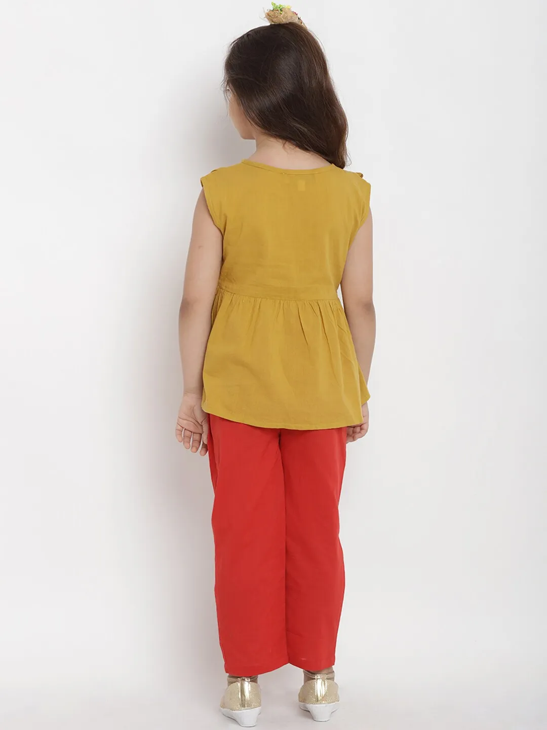 Girl's Mustard Yellow & Red Solid Top & Trouser Set  - NOZ2TOZ KIDS