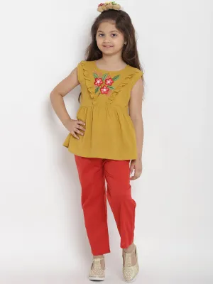 Girl's Mustard Yellow & Red Solid Top & Trouser Set  - NOZ2TOZ KIDS