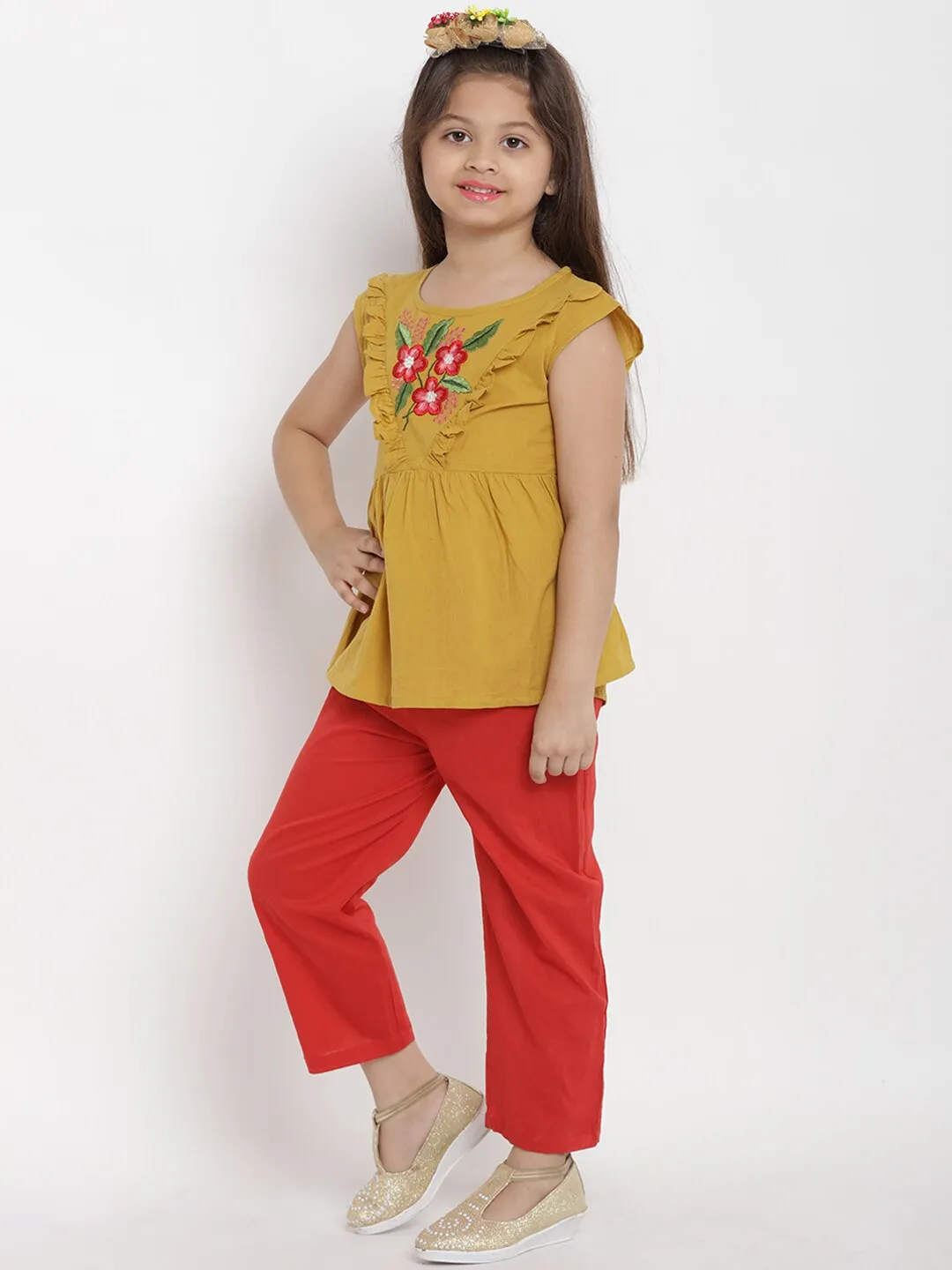 Girl's Mustard Yellow & Red Solid Top & Trouser Set  - NOZ2TOZ KIDS