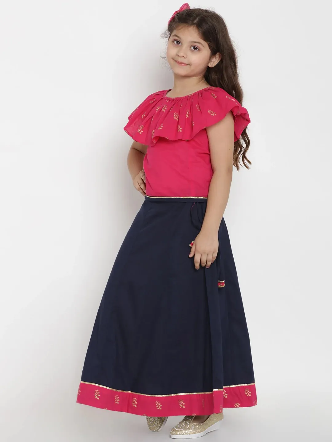 Girl's Pink Pink & Navy Blue Top & Skirt Set  - NOZ2TOZ KIDS