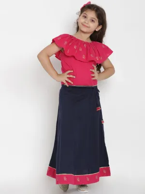 Girl's Pink Pink & Navy Blue Top & Skirt Set  - NOZ2TOZ KIDS